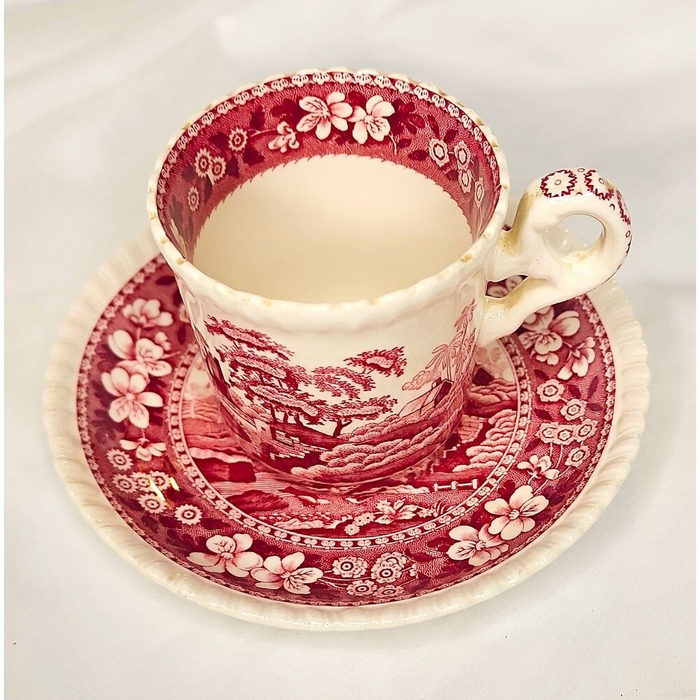 Spode Tower England Red/White Transferware Cup & Saucer Set 5 fl oz